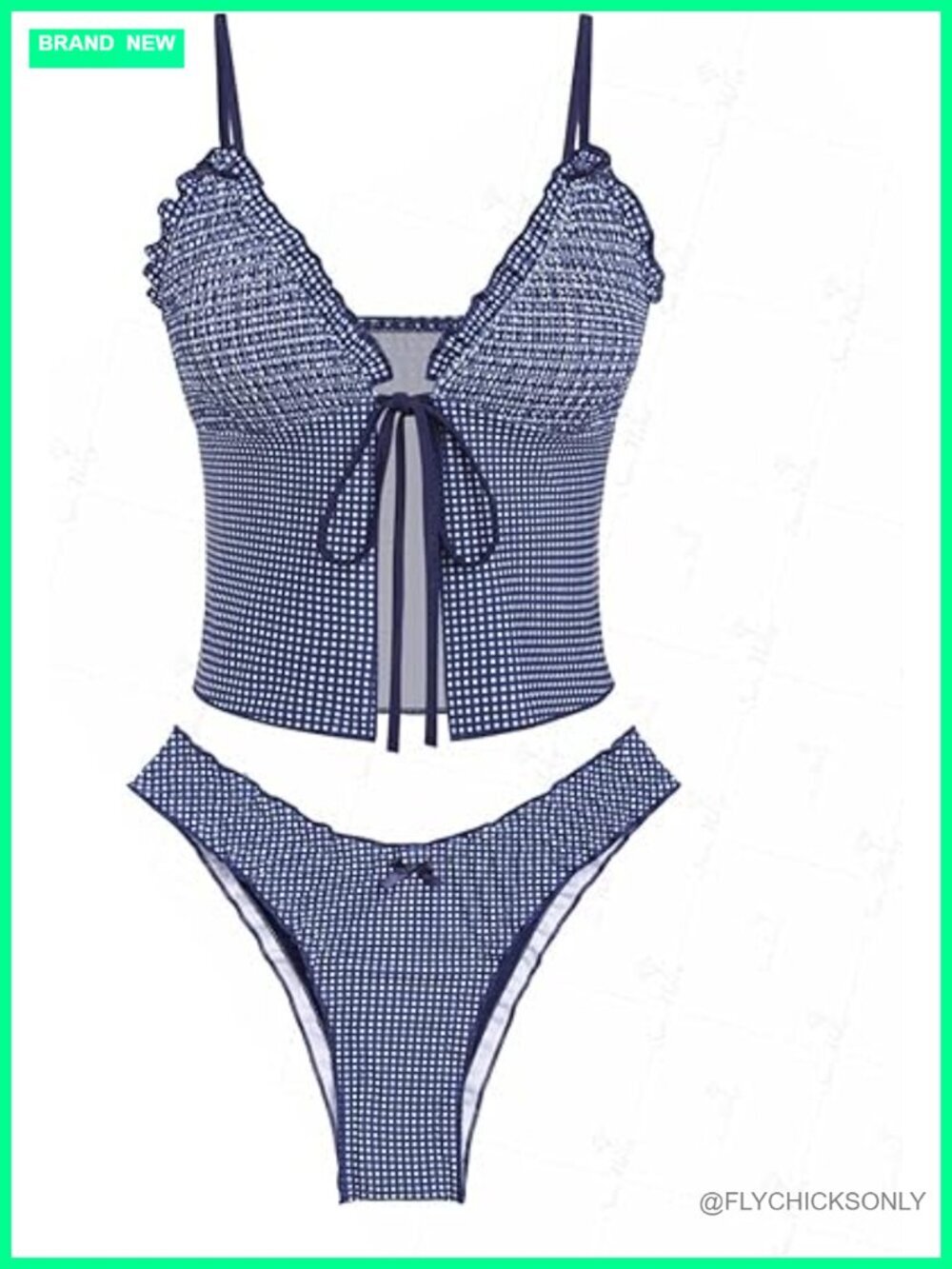 Gingham Bowknot Ruffles Tie Front Tankini Set - Adjustable Straps